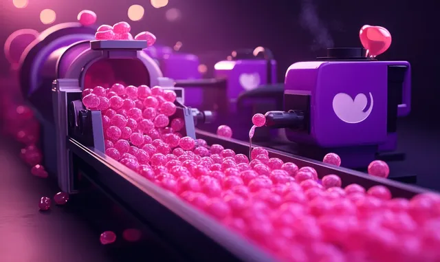 A futuristic machine pours glossy pink spheres onto a glowing conveyor belt in a purple environment.