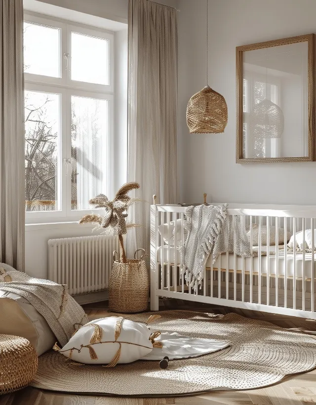 White boho nursery room with a wooden crib, framed wall art, and soft natural light from a window.