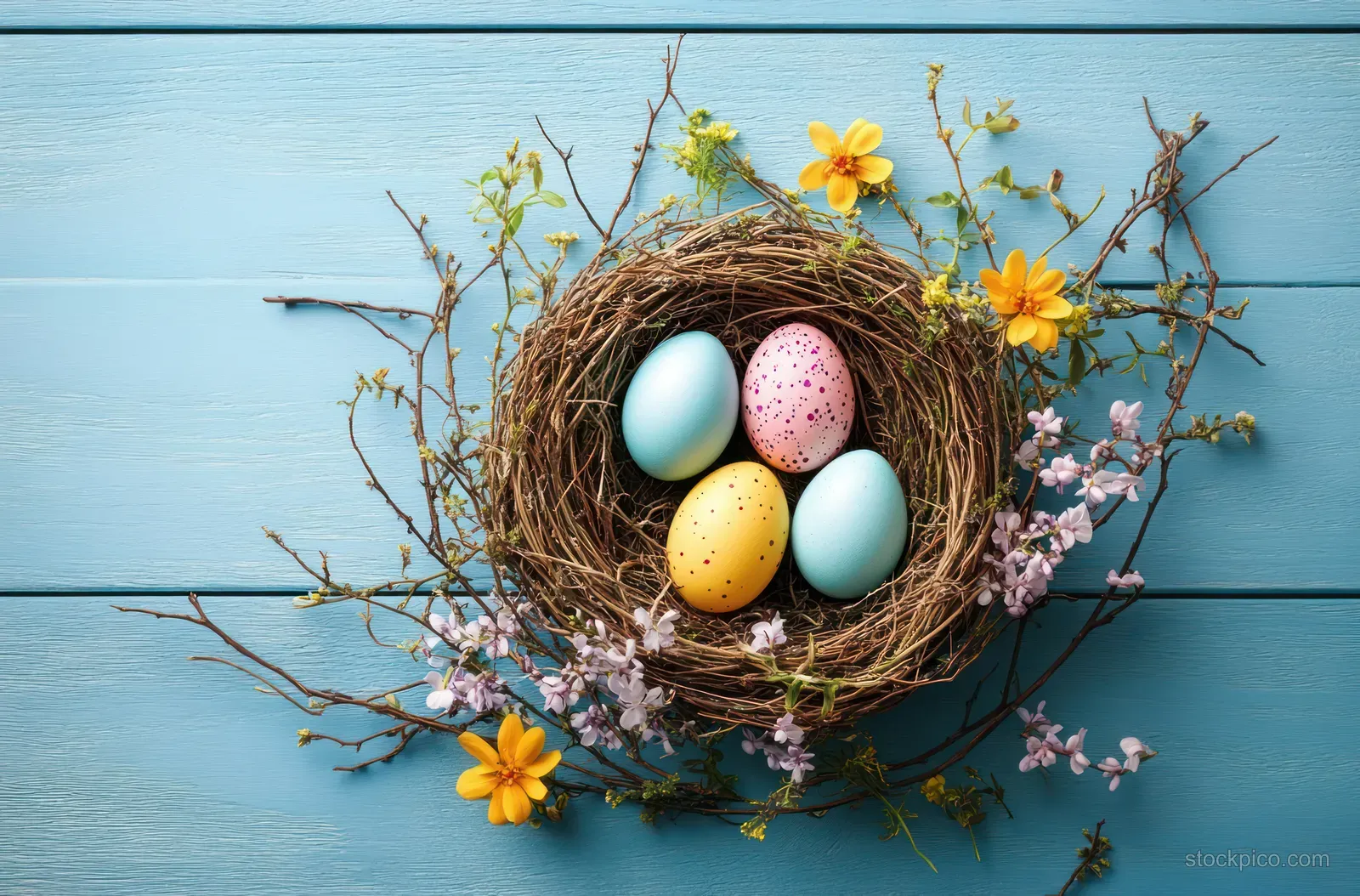 A bird nest with pastel Easter eggs and spring flowers on a blue wooden background.