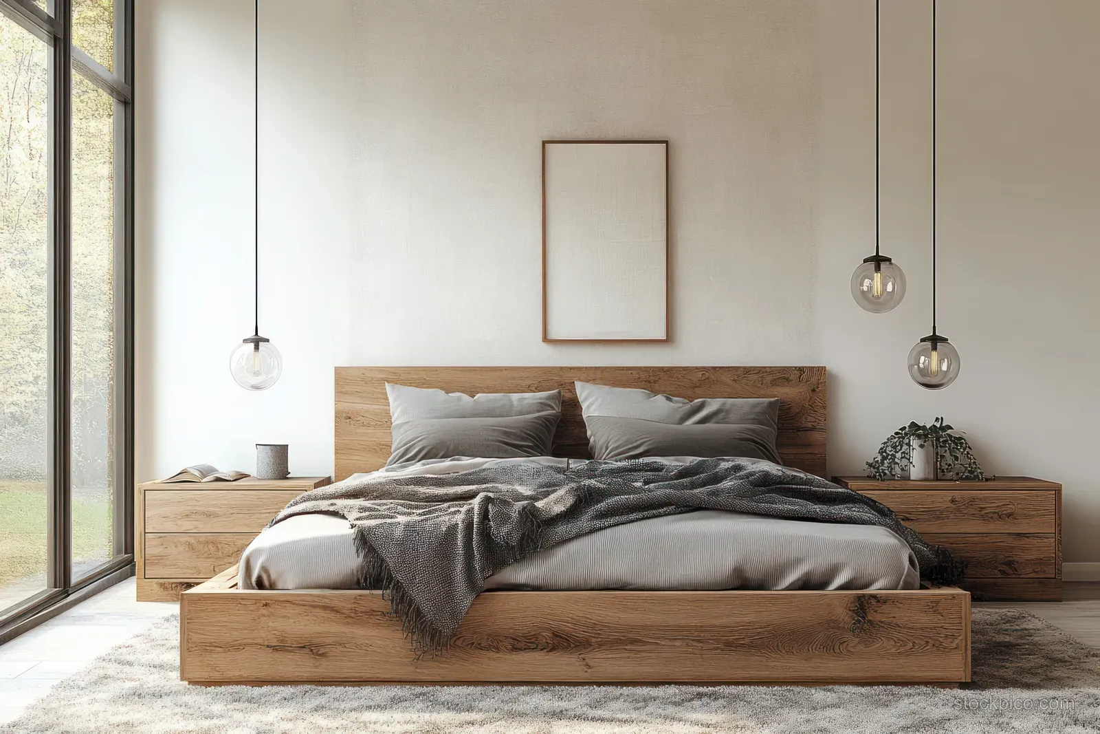 Scandinavian bedroom with a wooden bed dressed in layered gray blankets, pillows, pendant bulbs, and bright window light.