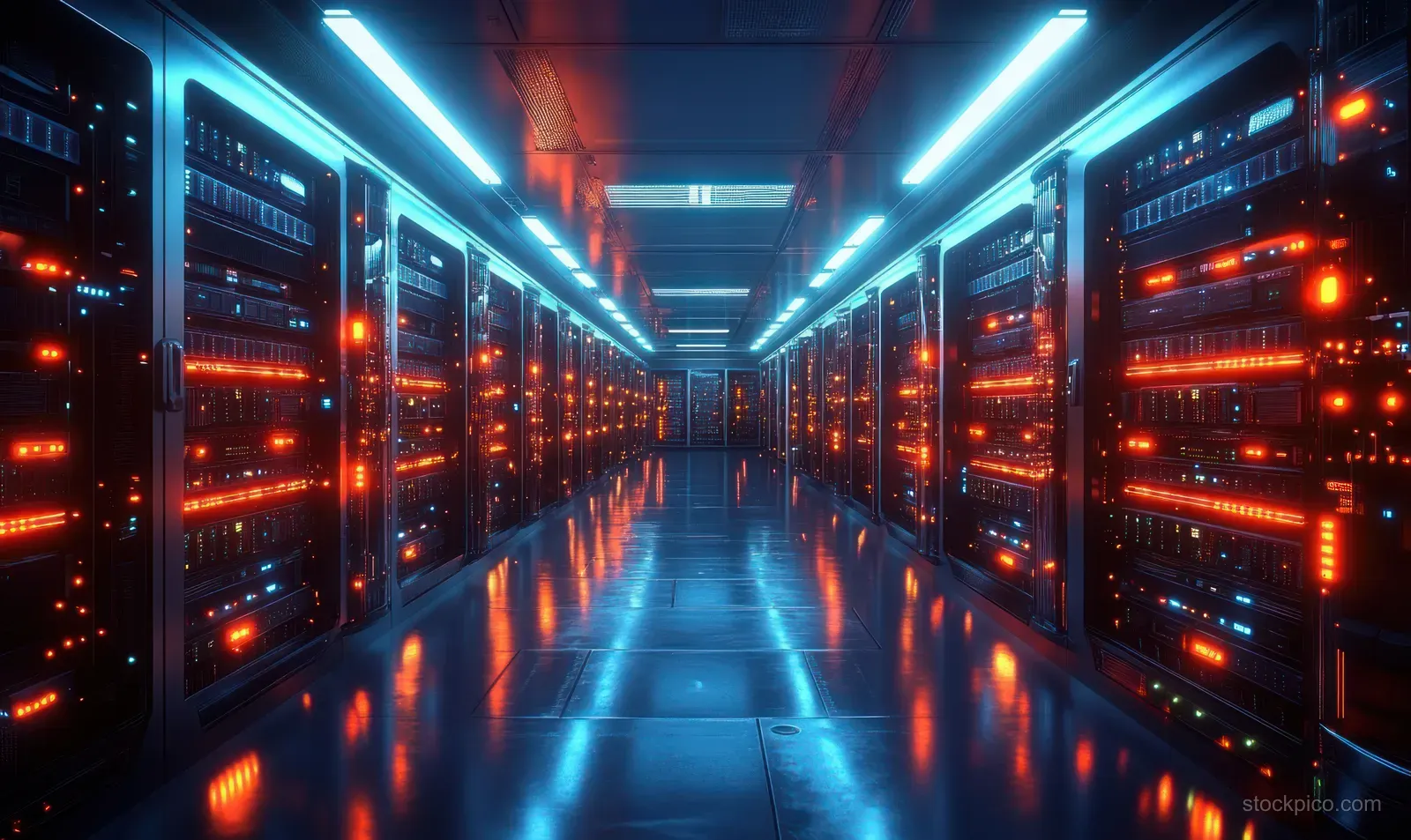 A futuristic hallway filled with glowing server racks, blue and orange lights reflecting on a glossy floor.