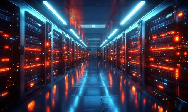 A futuristic hallway filled with glowing server racks, blue and orange lights reflecting on a glossy floor.