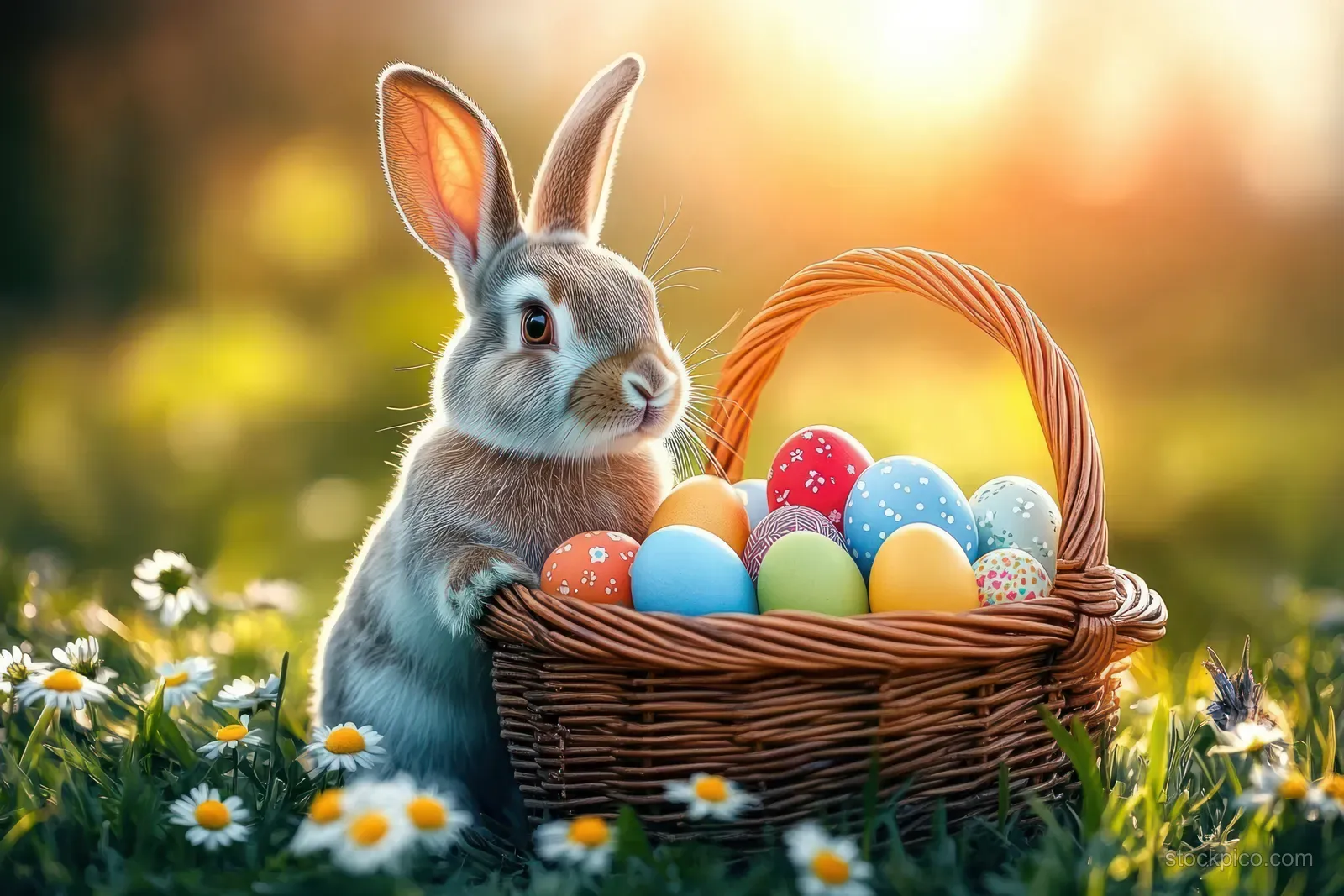 Grey Easter bunny sits in a meadow holding a basket packed with colorful eggs in warm sunlight.