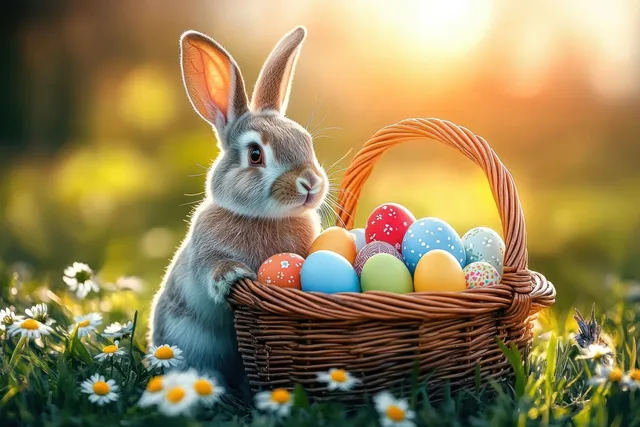 Easter bunny holding colorful eggs in basket on sunny spring meadow