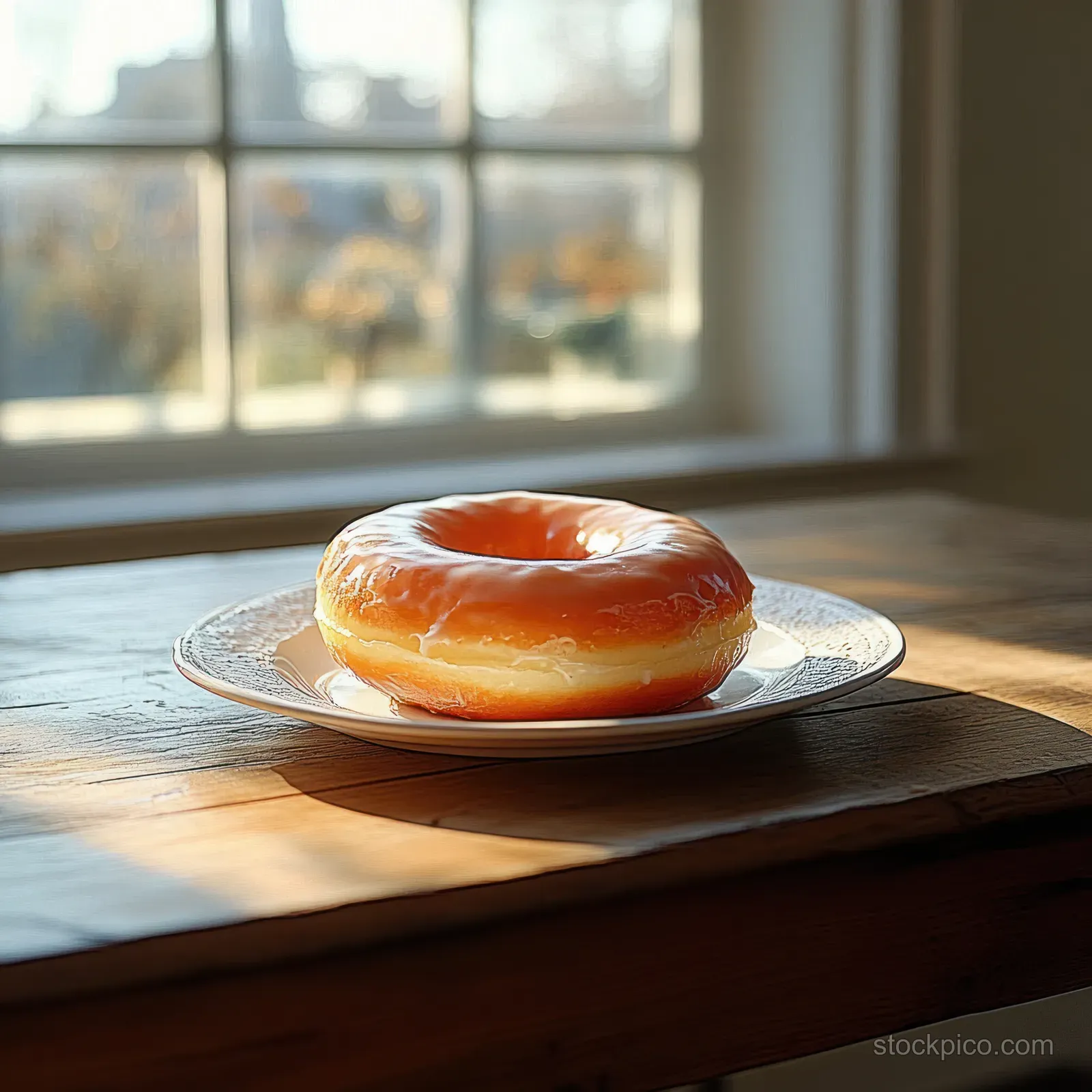 A glazed donut sits on a white plate on a wooden table under warm window light.
