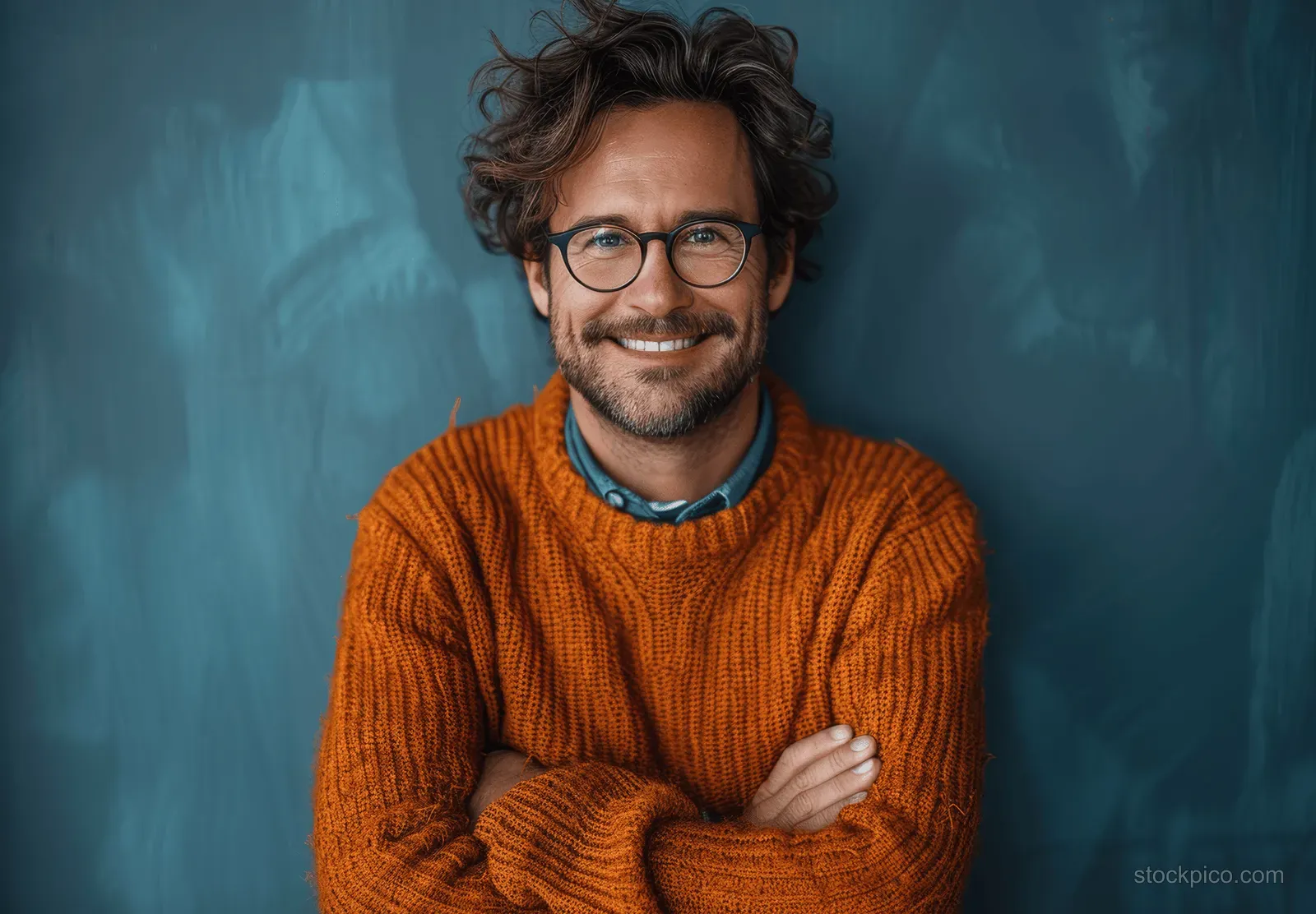 Young man wearing an orange sweater with arms crossed and a covered face against a teal studio backdrop.