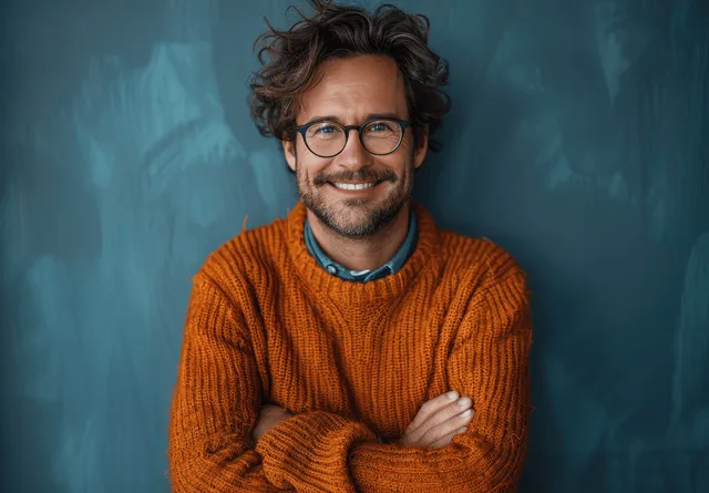 Young man wearing an orange sweater with arms crossed and a covered face against a teal studio backdrop.