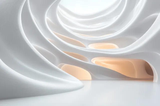 Soft white curving architectural forms create a glowing tunnel with warm light highlights.
