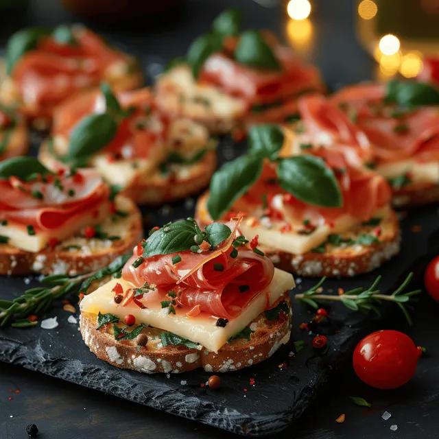 Prosciutto and cheese canapés on dark slate with tomato and basil garnishes beside small cherry tomatoes and warm bokeh lights.