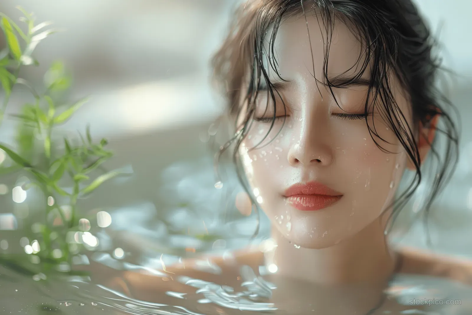 Young Asian woman relaxes in a water spa with foam bubbles, eyes closed, and soft light on her face.
