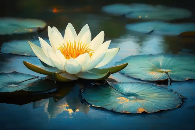 White water lily blooms on calm pond, reflecting in rippling blue-green water surface