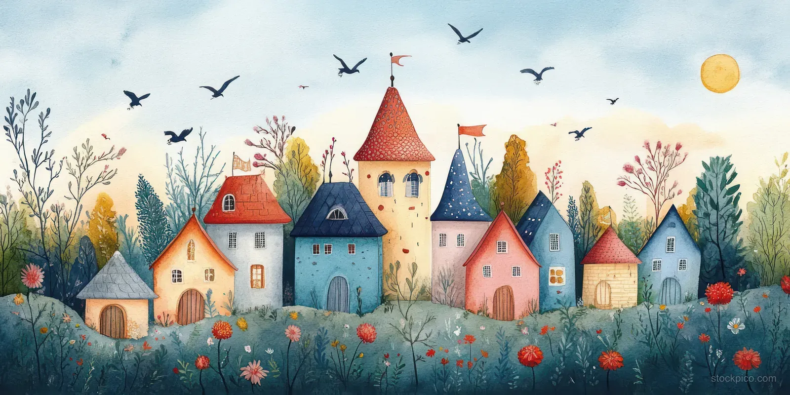 Colorful cottage houses and a small castle in a flower garden with bunnies under a blue sky.