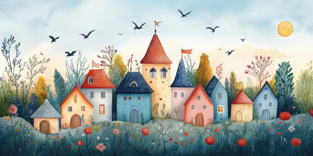Whimsical garden village with colorful houses and bunnies, whimsical watercolor sky