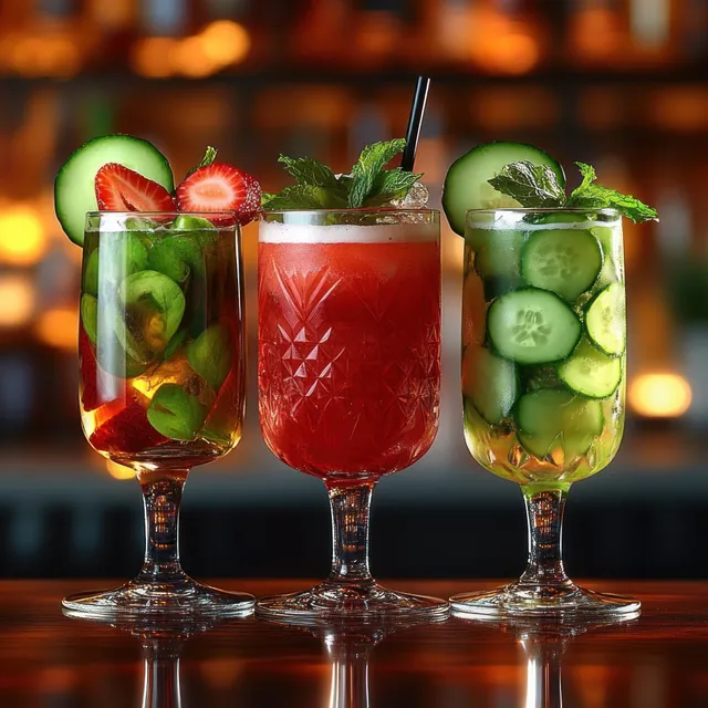Three colorful cocktails in ornate glasses with cucumber and strawberry garnishes and mint on a wooden bar table.
