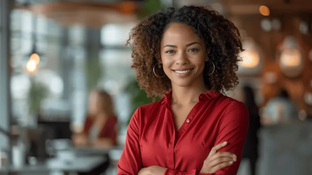 An African American businesswoman in a red blouse smiles in a modern office with coworkers blurred behind her.