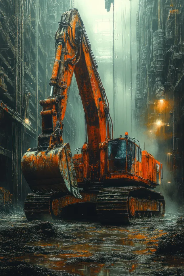 Orange excavator inside a dim repair workshop with dust and glowing sparks behind it.