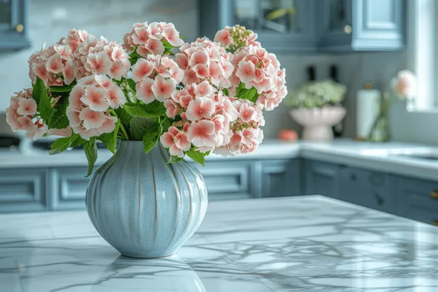 Pink hydrangea bouquet in blue vase on white marble kitchen counter