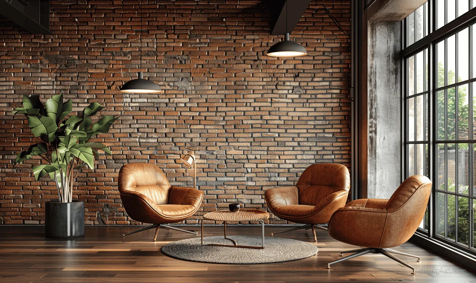 Leather armchairs and a round coffee table sit in an industrial loft office beside a brick wall and tall windows.