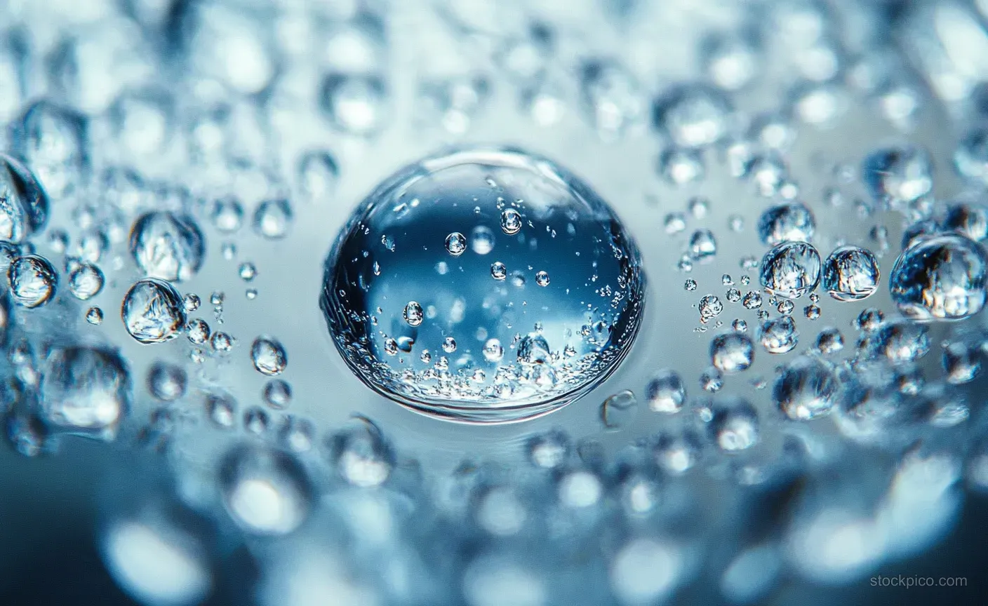 Large central water droplet reflects blue light while smaller droplets bead across a smooth surface.