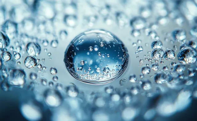 Clustered water droplets on a smooth blue surface with one large reflecting bead center