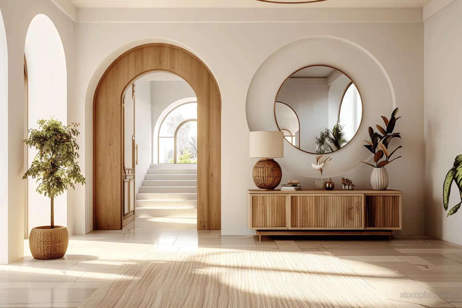 Sunlit white entrance hall with arched doorways, a staircase corridor, and a wooden console under a round mirror.