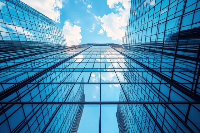 Upward perspective between two glass skyscrapers with reflections of blue sky and white clouds.