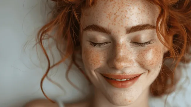 Redhead girl laughing with eyes closed, freckles visible, close-up on soft white backdrop