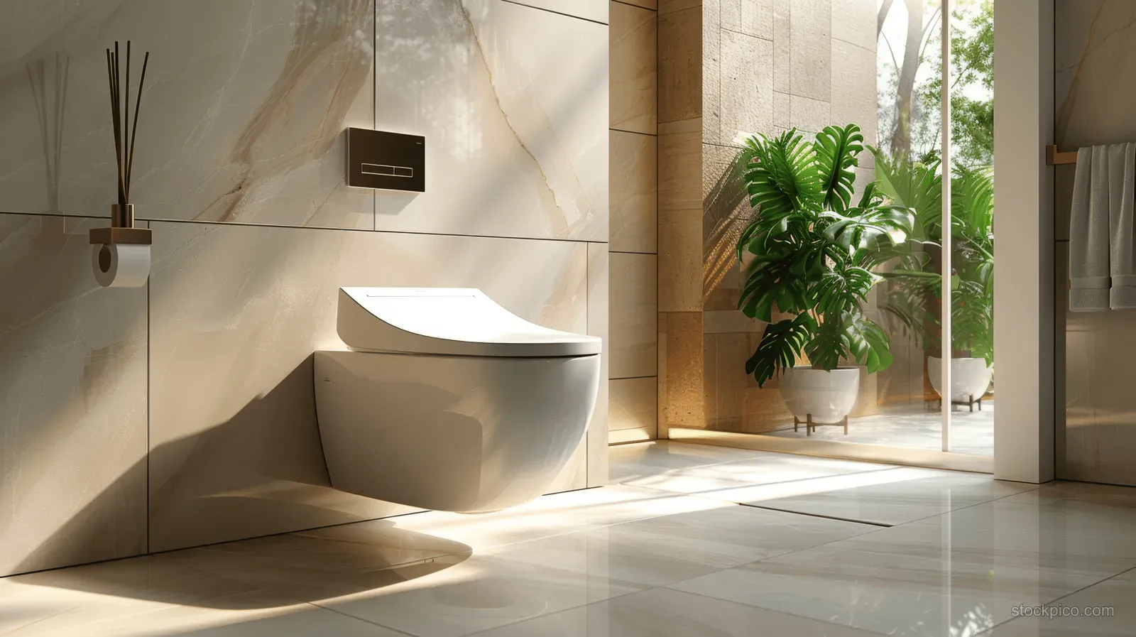 A smart toilet with an air purifier and touch panel is placed in a sunlit minimalist bathroom beside tiled walls and greenery.