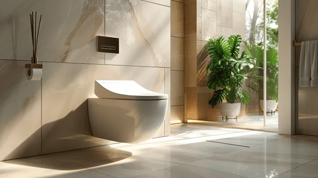 A smart toilet with an air purifier and touch panel is placed in a sunlit minimalist bathroom beside tiled walls and greenery.