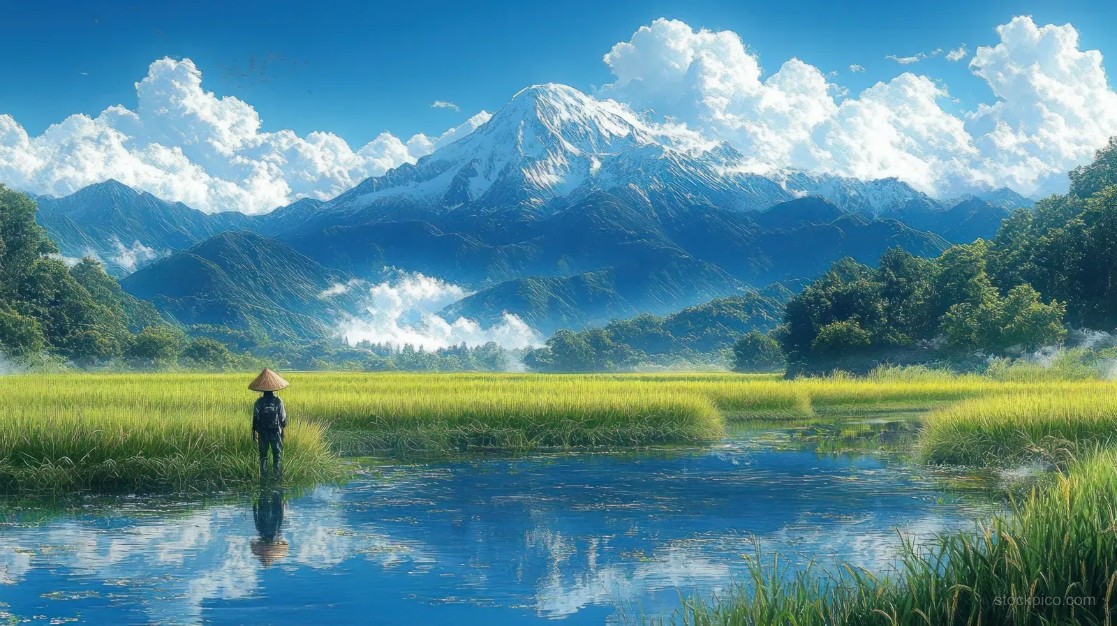 A person in a conical hat stands in a reflective pond beside lush green rice fields with snow-capped mountains in the background.