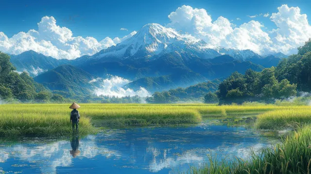 Farmer in conical hat stands by reflective pond in lush rice fields, mountains behind
