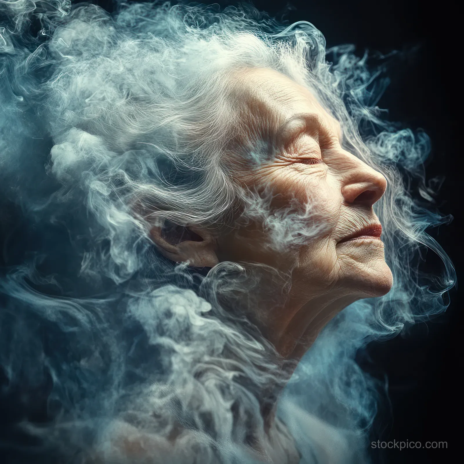 Side-profile portrait of an elderly woman with closed eyes fading into swirling blue smoke.