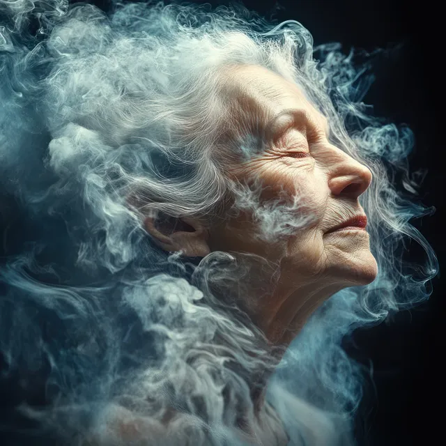 Side-profile portrait of an elderly woman with closed eyes fading into swirling blue smoke.