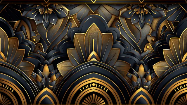 Gold and black Art Deco geometric pattern with layered fan shapes and arch outlines on a dark textured background.