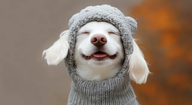 White dog smiling peacefully in a grey knitted hat with autumn bokeh