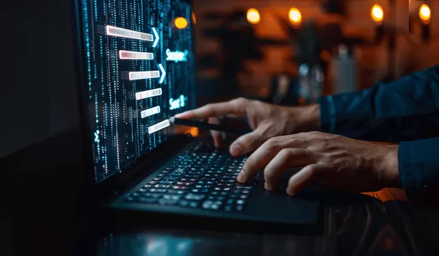 Hands typing on laptop with glowing data chart and target arrows in dark office