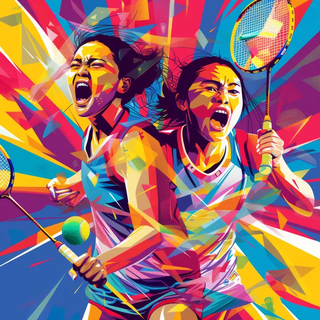 Women’s doubles badminton rally in pop-art style, athletes striking shuttlecock midair