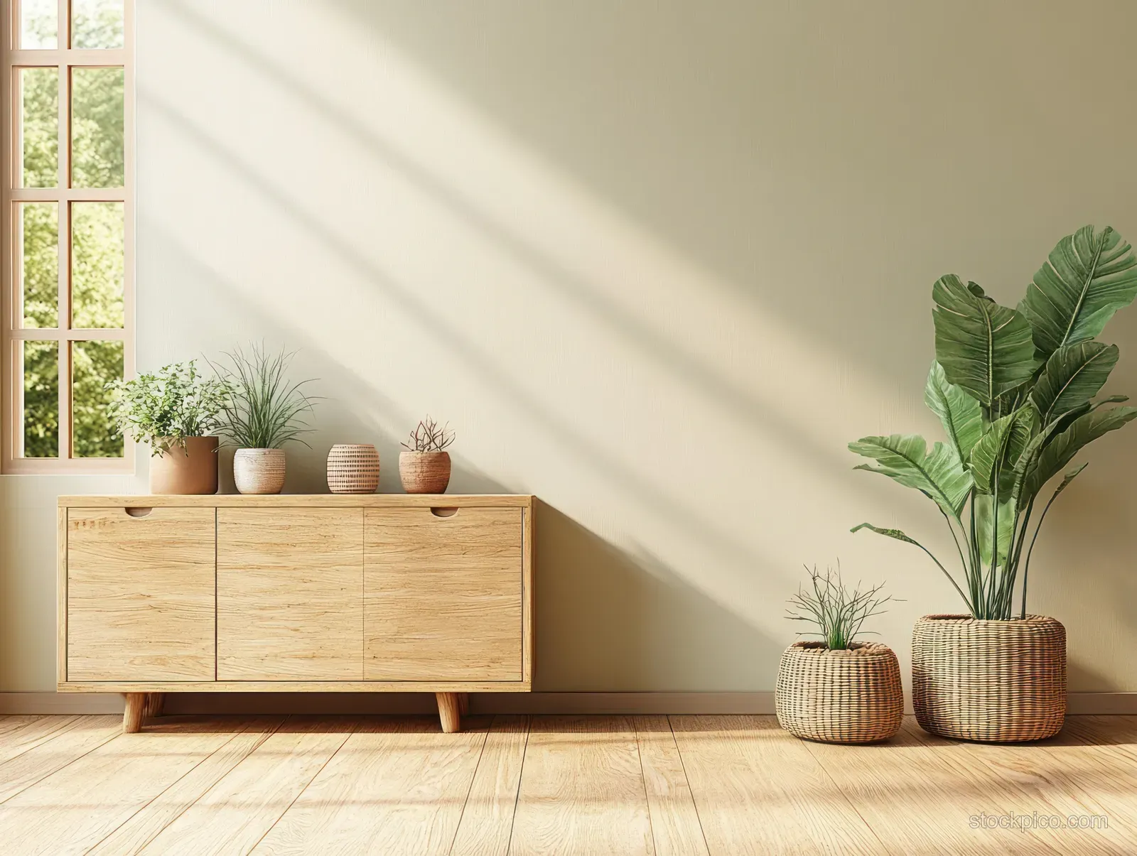 Wooden cabinet against a pale wall with potted plants in woven planters and soft daylight shadows.