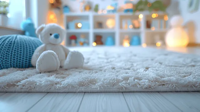 Plush white bunny toy resting on a white carpet in a bright children’s playroom with blurred shelves behind.
