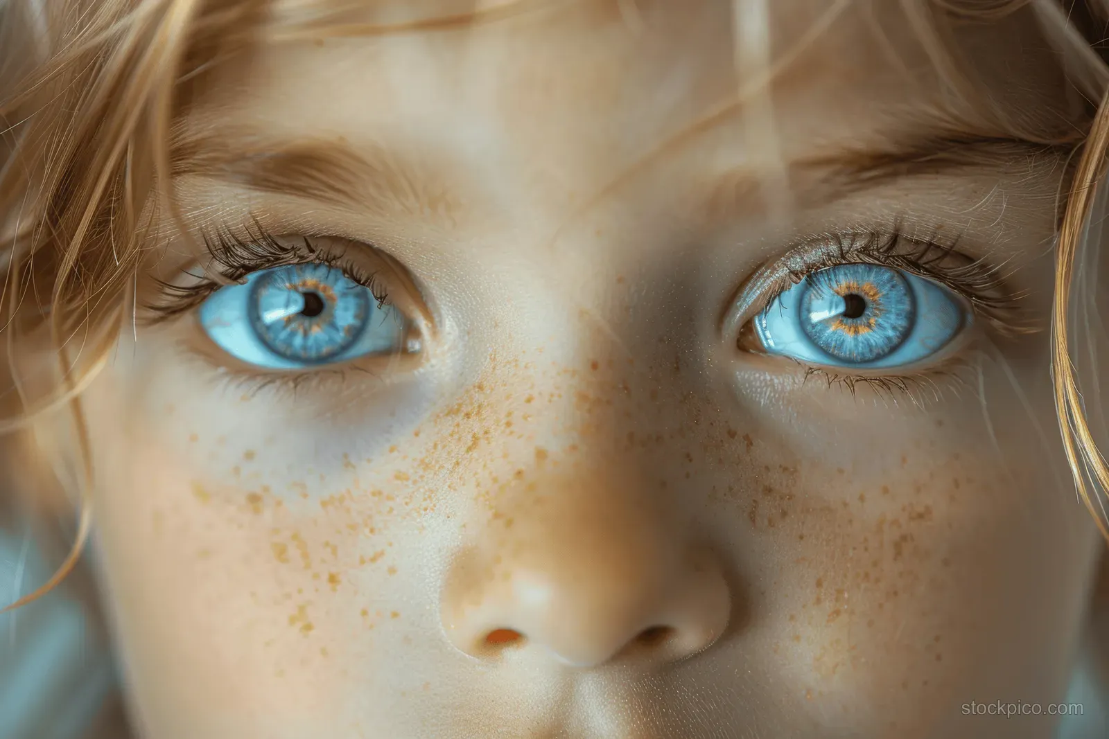 Macro close-up of a child’s bright blue eyes and eyelashes in warm natural light.