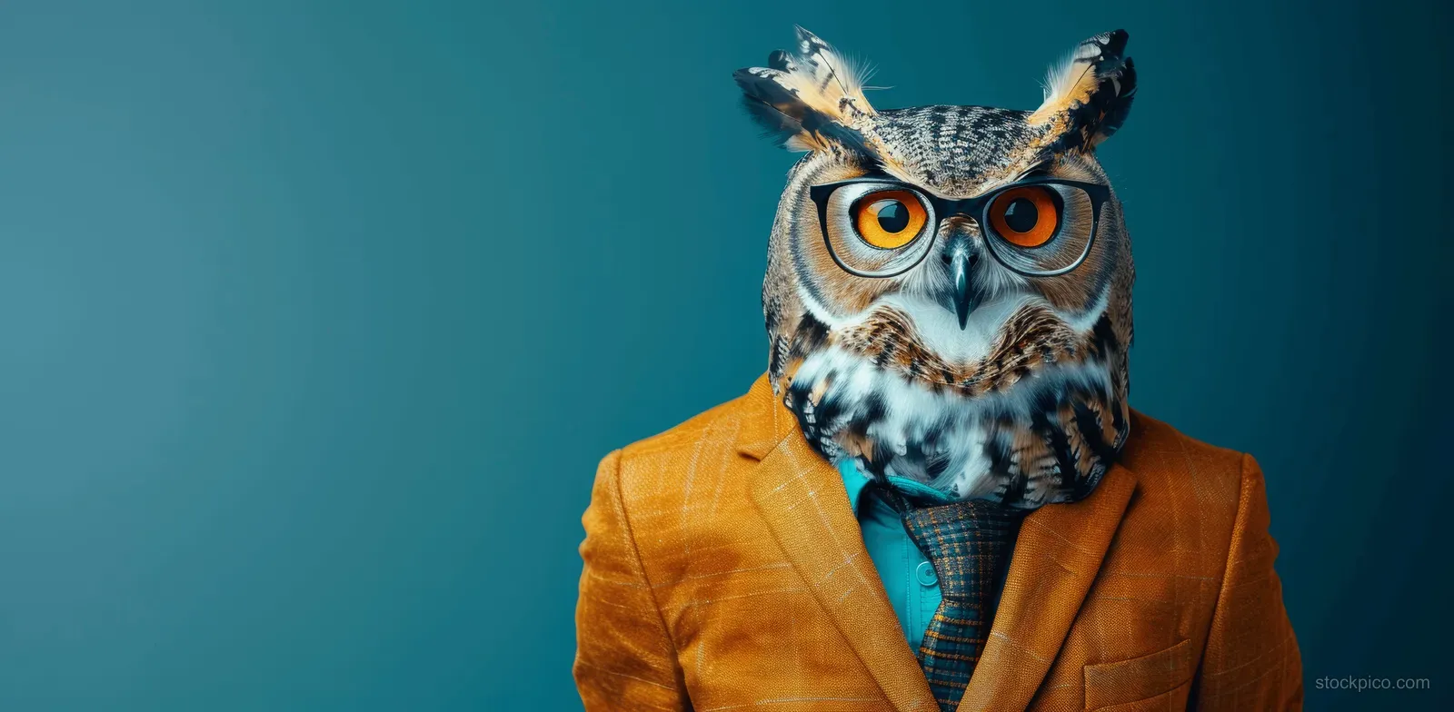 Owl wearing an orange business suit, blue tie, and glasses with a teal background behind it.