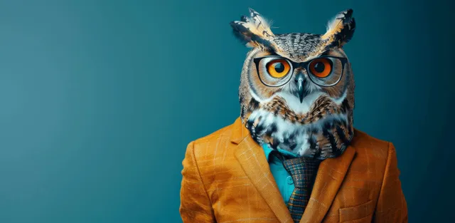 Owl wearing an orange business suit, blue tie, and glasses with a teal background behind it.