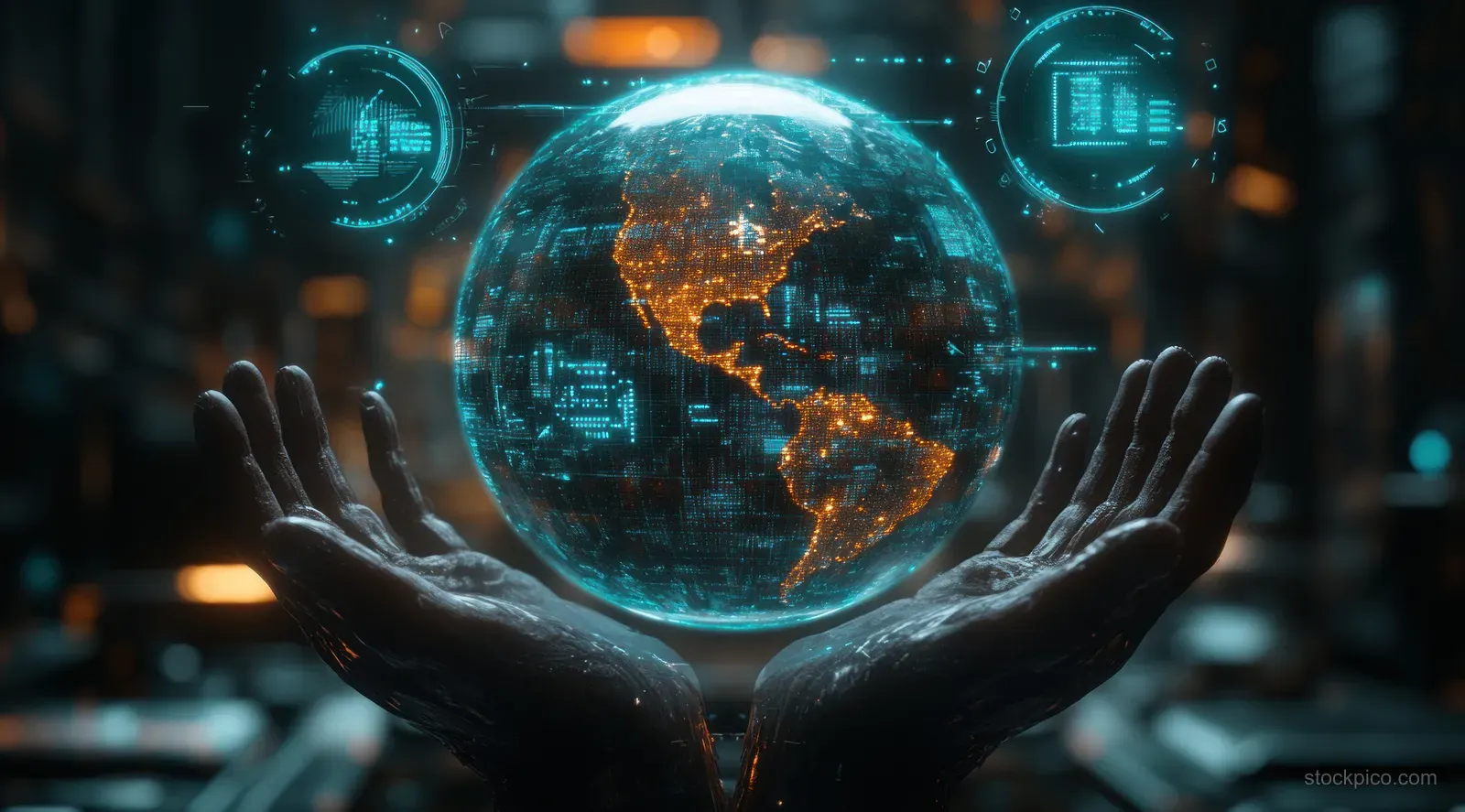 Outstretched hands cradle a glowing cyberpunk globe surrounded by neon data icons in a dark tech background.