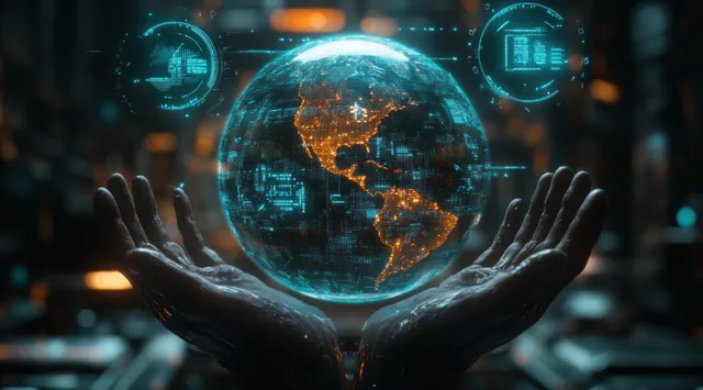 Outstretched hands cradle a glowing cyberpunk globe surrounded by neon data icons in a dark tech background.
