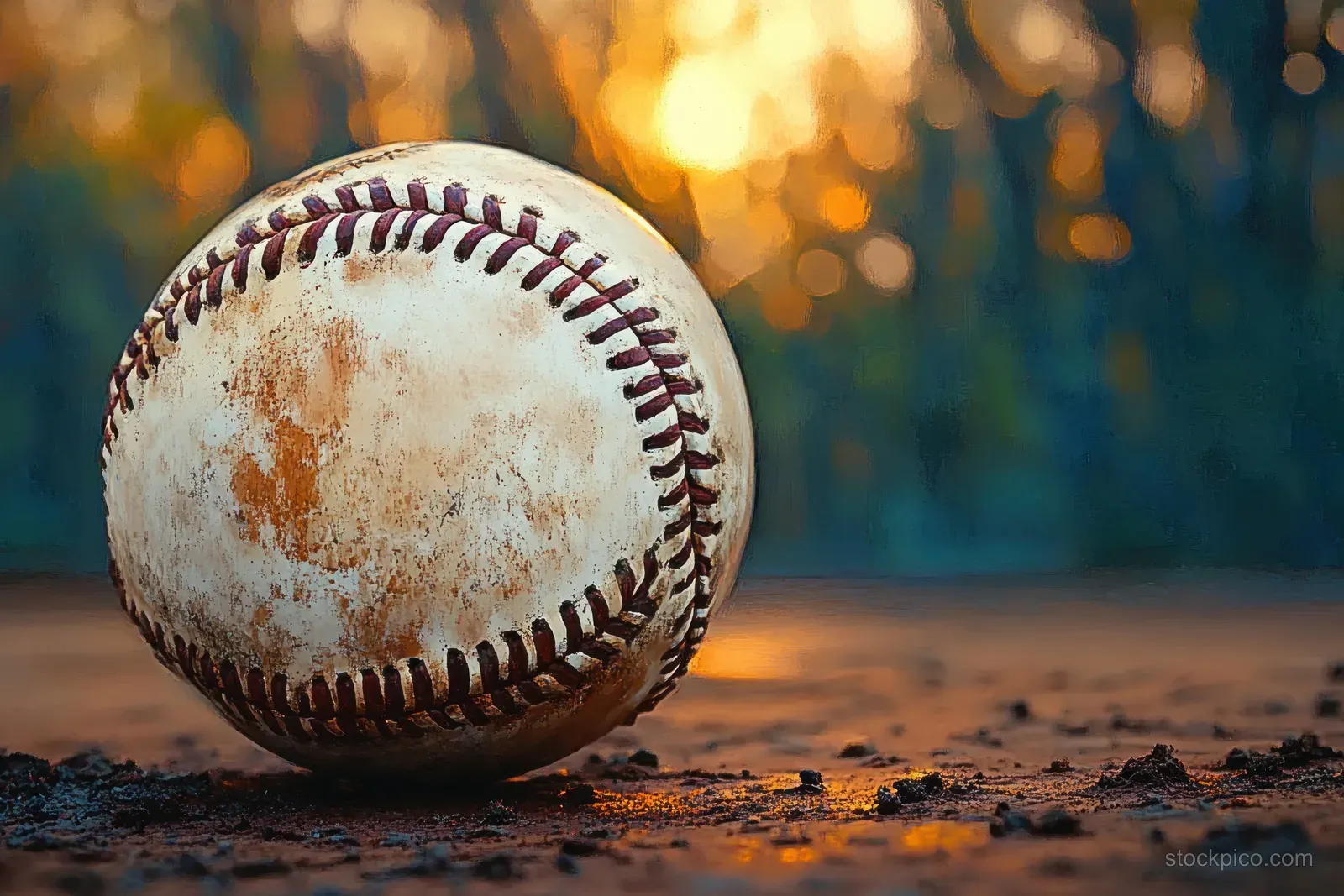 Worn vintage baseball on dusty ground with warm sunlight and a softly blurred sports-themed background.