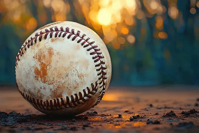 Worn vintage baseball on dusty ground with warm sunlight and a softly blurred sports-themed background.