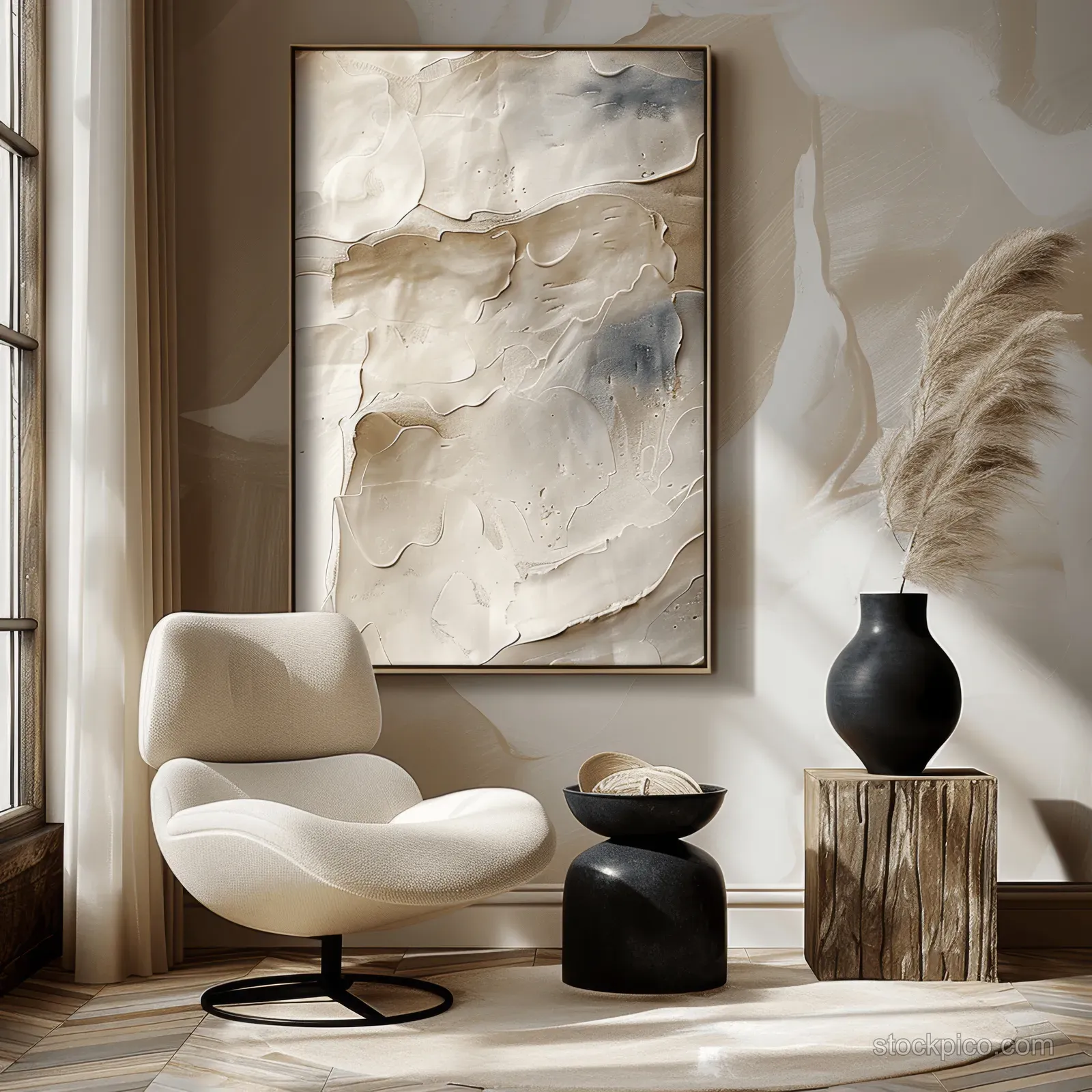 Beige chair and wood side table with black vase, white abstract painting, and light stucco wall interior.
