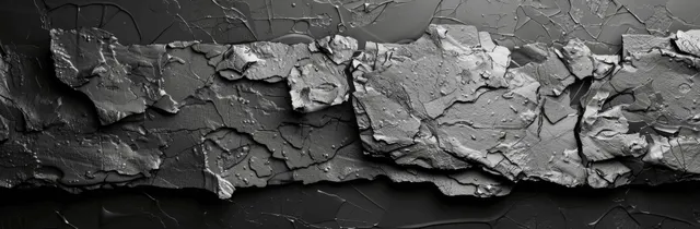 Top view of a dark cracked rock wall with jagged slate slabs and deep grunge crevices.