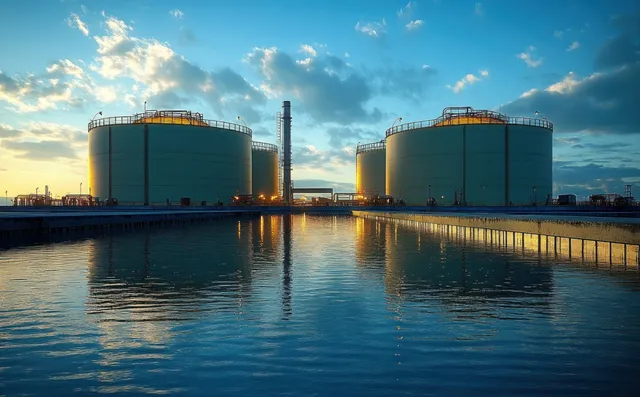 Two large industrial fuel storage tanks reflect in calm water as sunset clouds glow in the background.