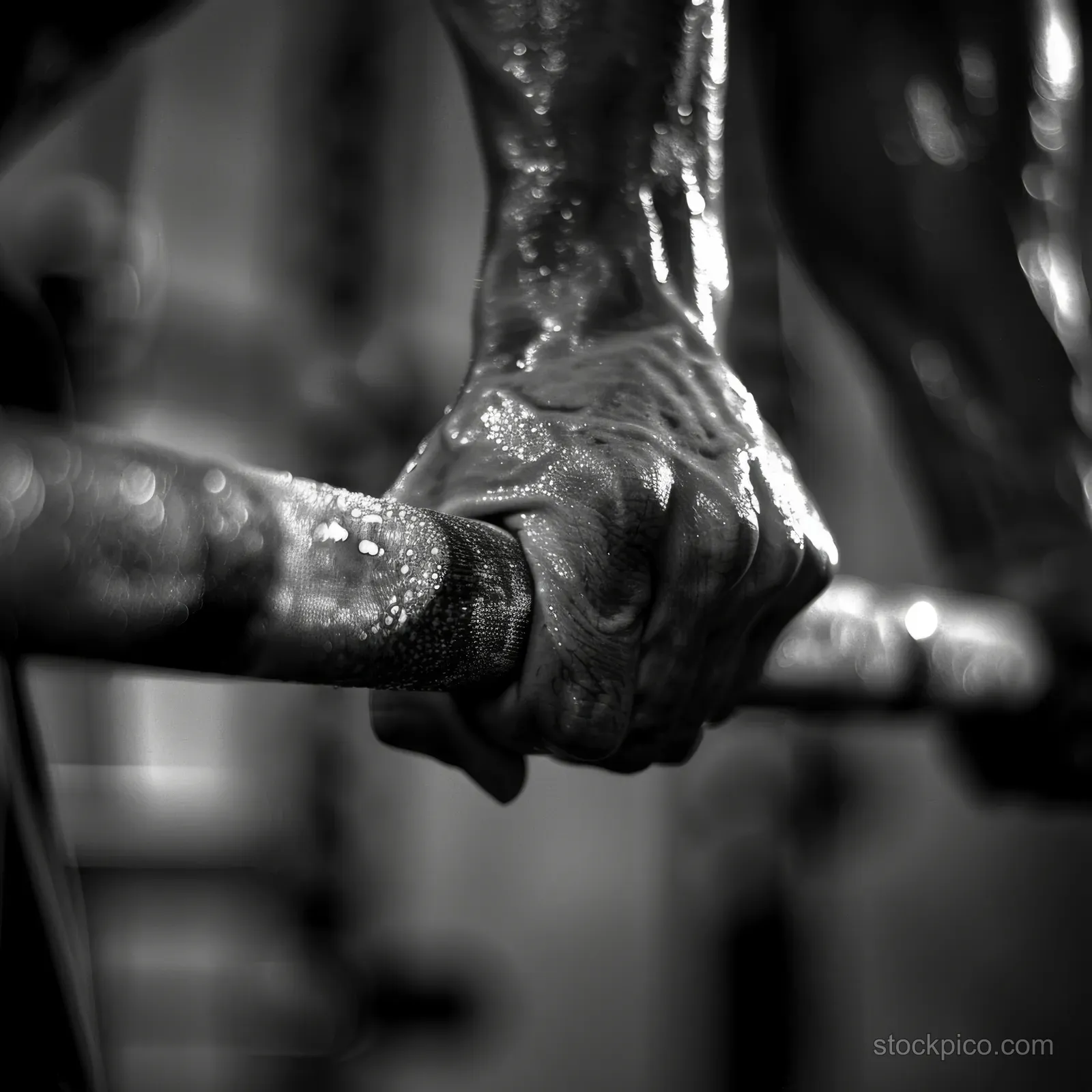 Chalked hands tightly grip a barbell in a gym while the weightlifter braces for a lift.